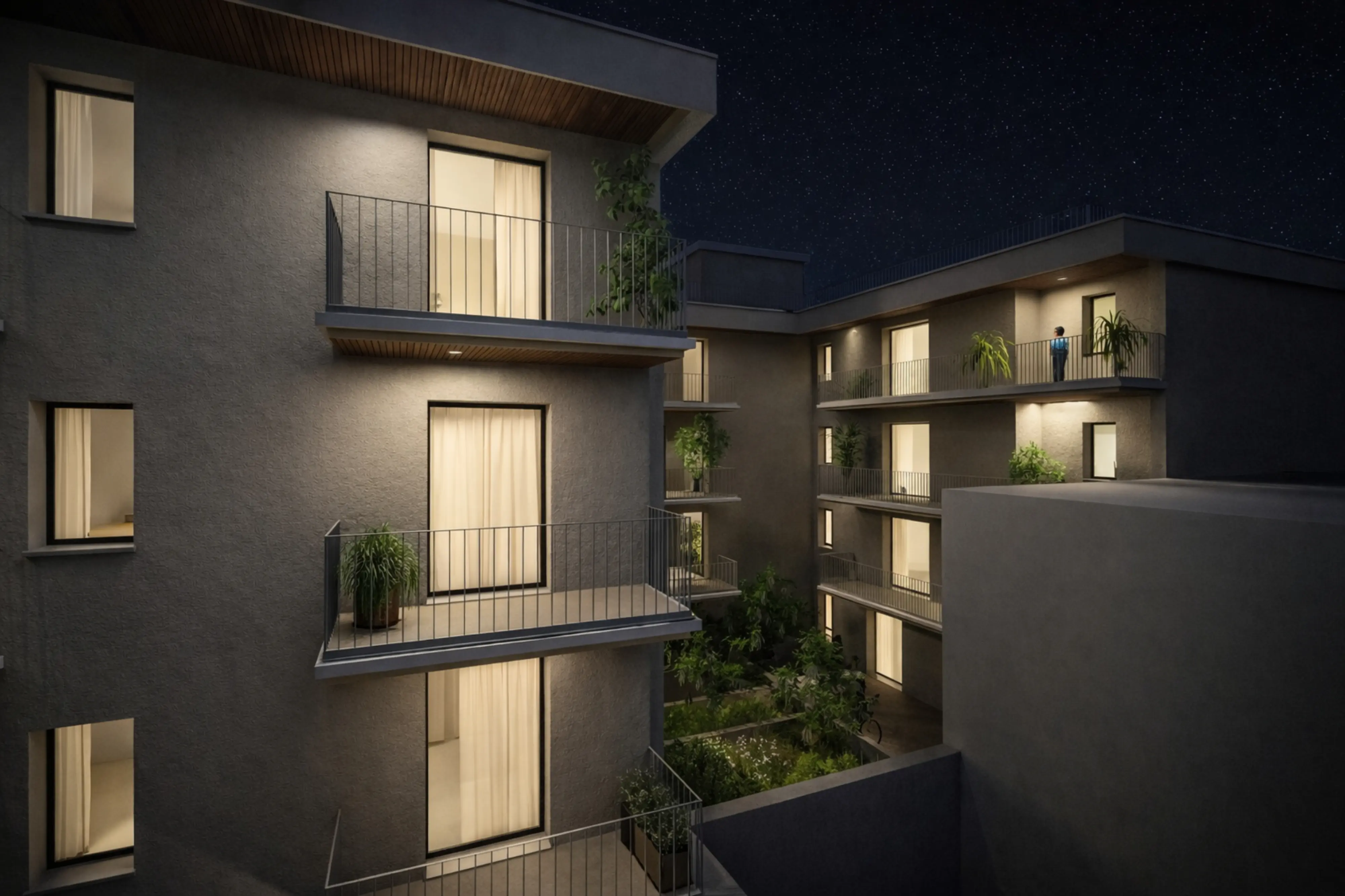 Render notturno della corte residenziale di Ninfeo Palace
