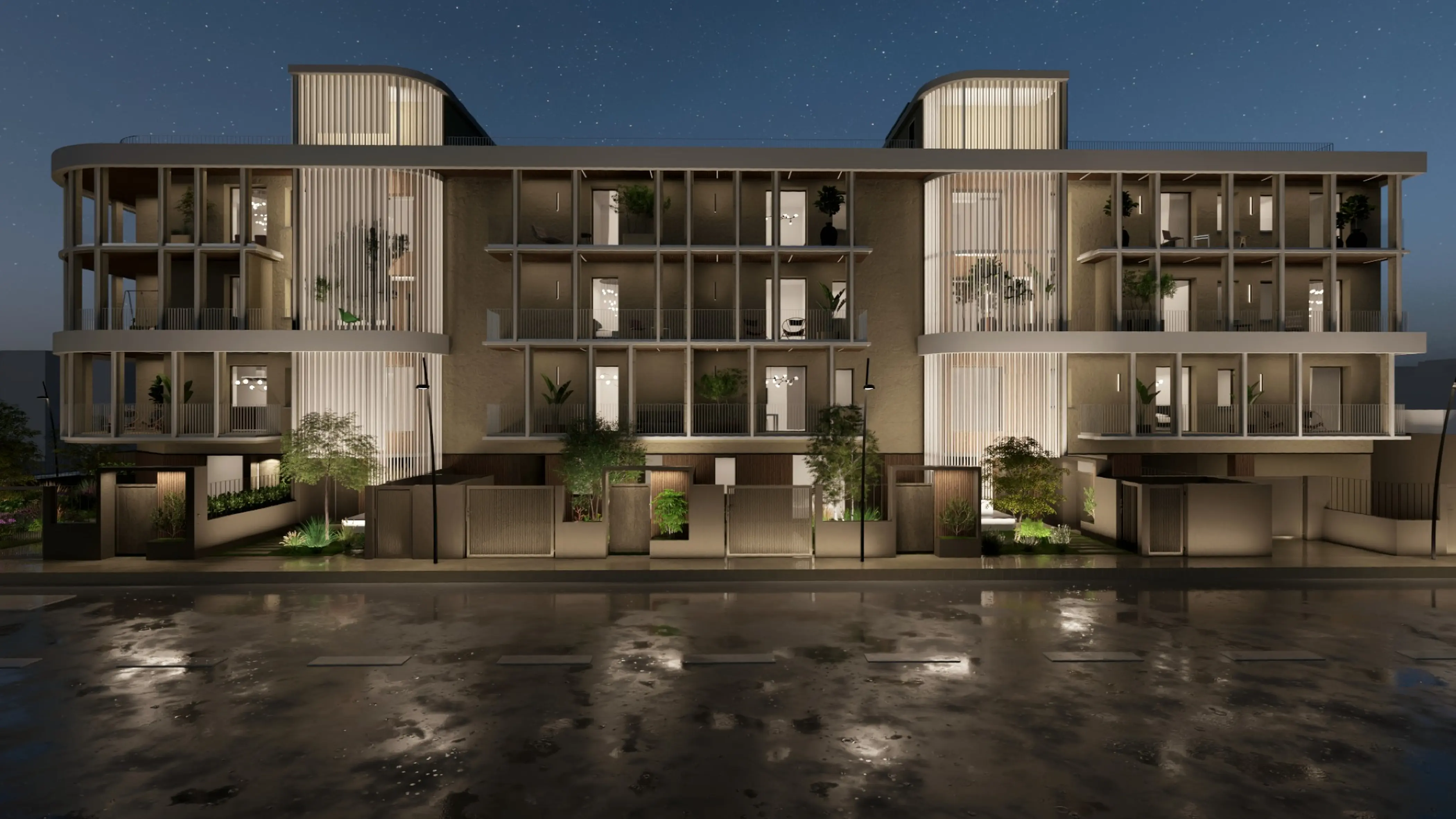 Render notturno del prospetto principale di Ninfeo Palace
